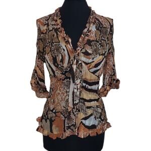 VTG Animal Print Ruffle Blouse S Sheer Snakeskin Leopard EUC Y2K Retro Statement